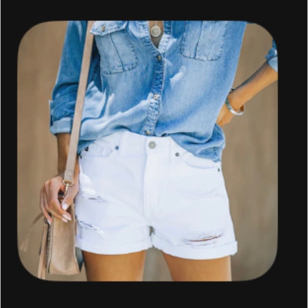 VICI Tori High Rise Distressed Cuffed White Denim Shorts